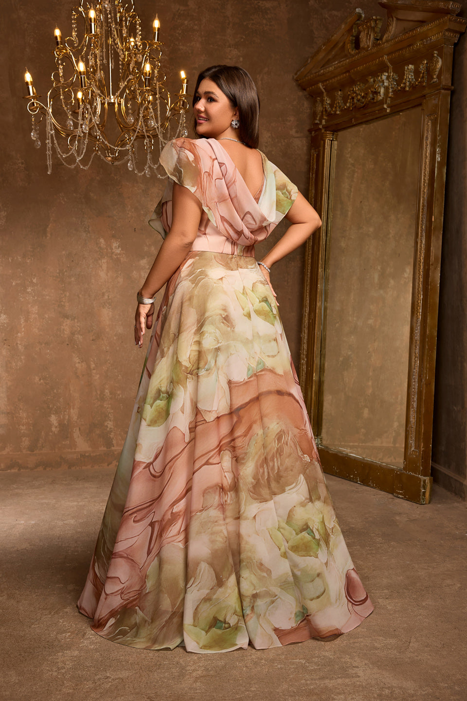 Luxury Multicolored Print V-Neck Train Evening Dress SF608