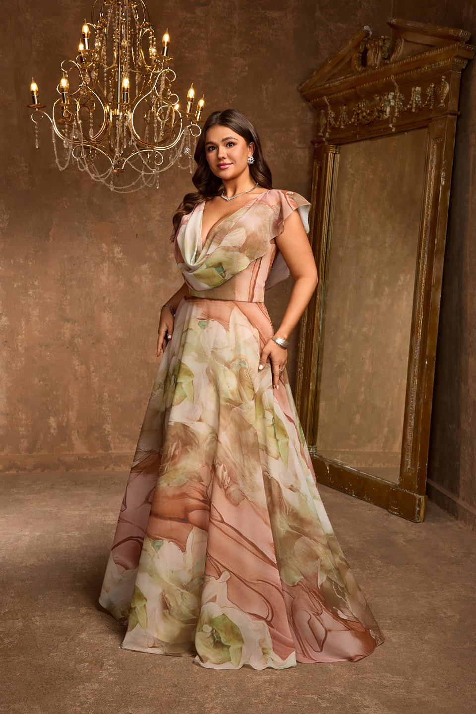 Luxury Multicolored Print V-Neck Train Evening Dress SF608