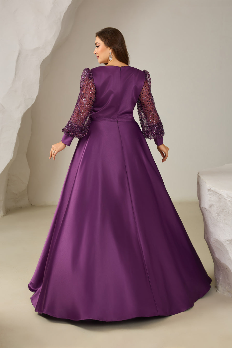 Luxury Purple Sequin Long-Sleeve Evening Dress SF613