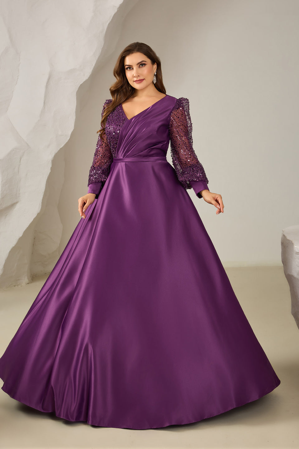 Luxury Purple Sequin Long-Sleeve Evening Dress SF613