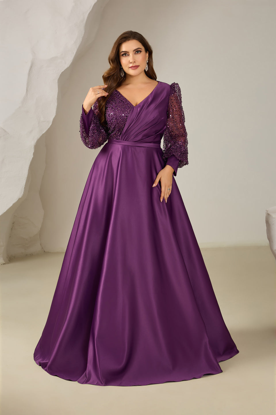 Luxury Purple Sequin Long-Sleeve Evening Dress SF613
