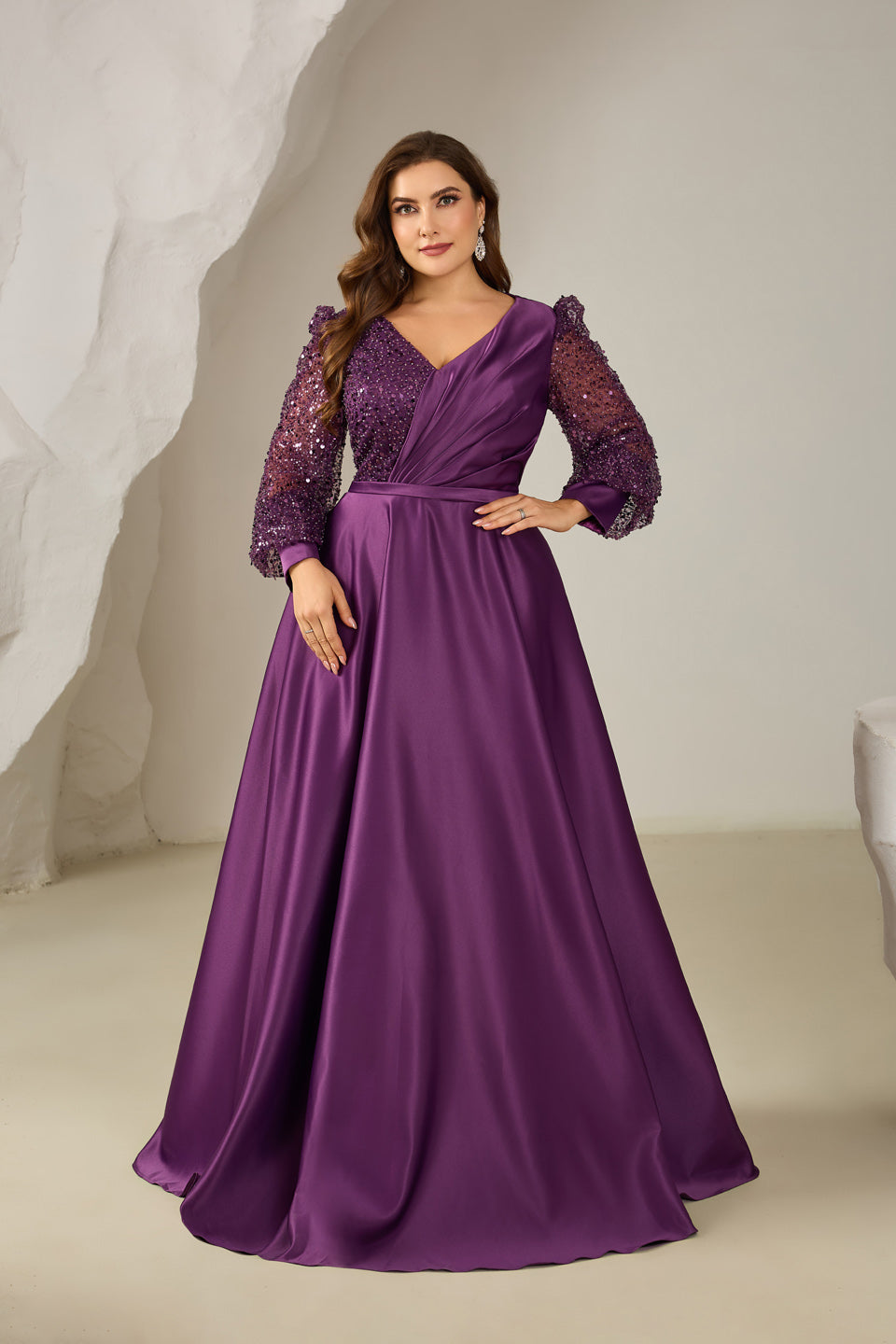 Luxury Purple Sequin Long-Sleeve Evening Dress SF613