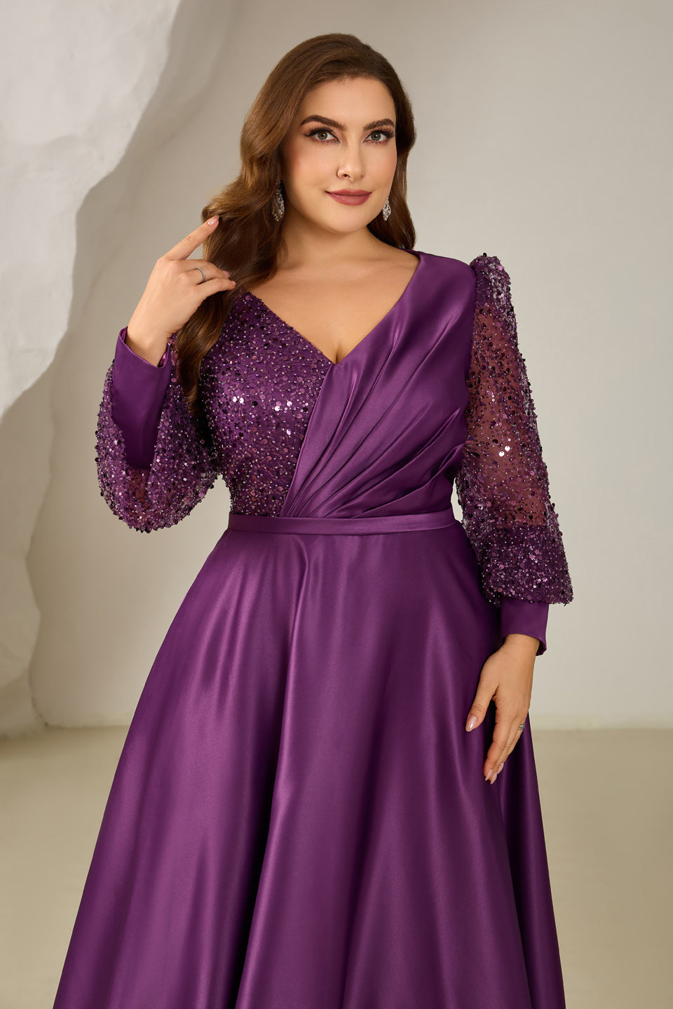 Luxury Purple Sequin Long-Sleeve Evening Dress SF613