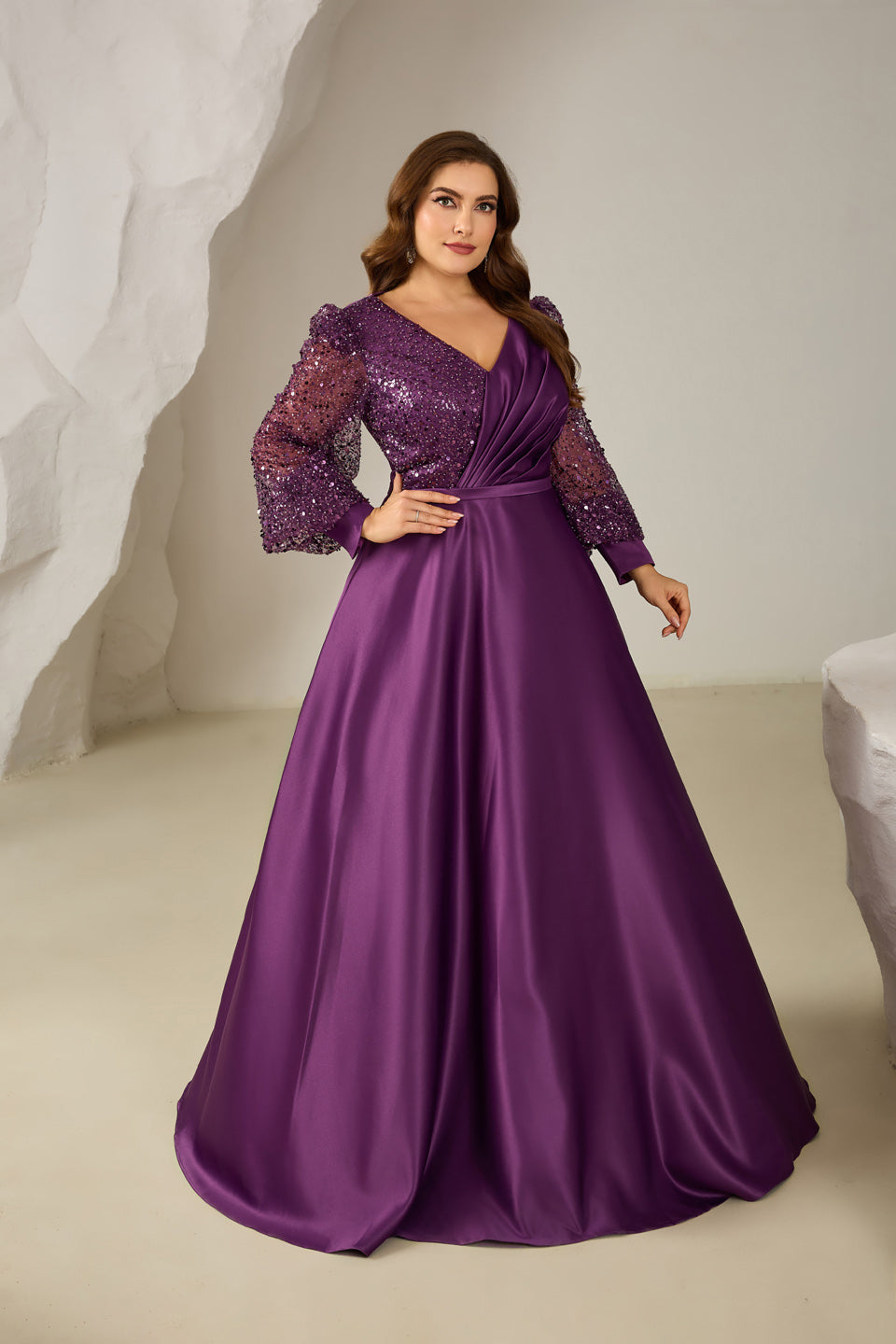 Luxury Purple Sequin Long-Sleeve Evening Dress SF613