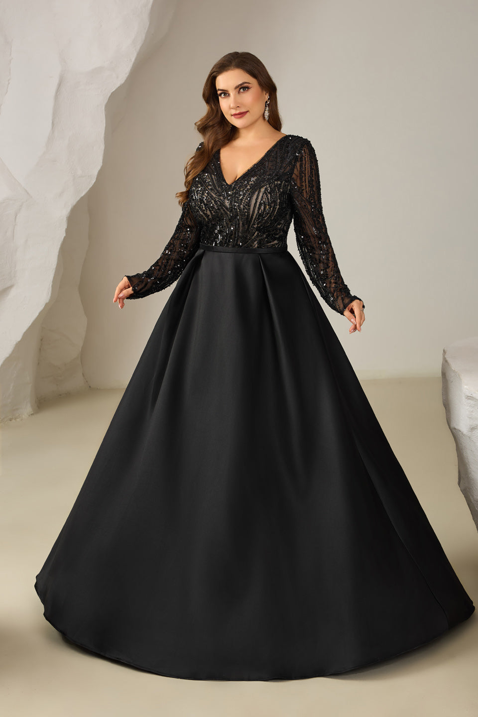 Luxury Black Sequin Long-Sleeve Ball Gown Evening Dress SF609