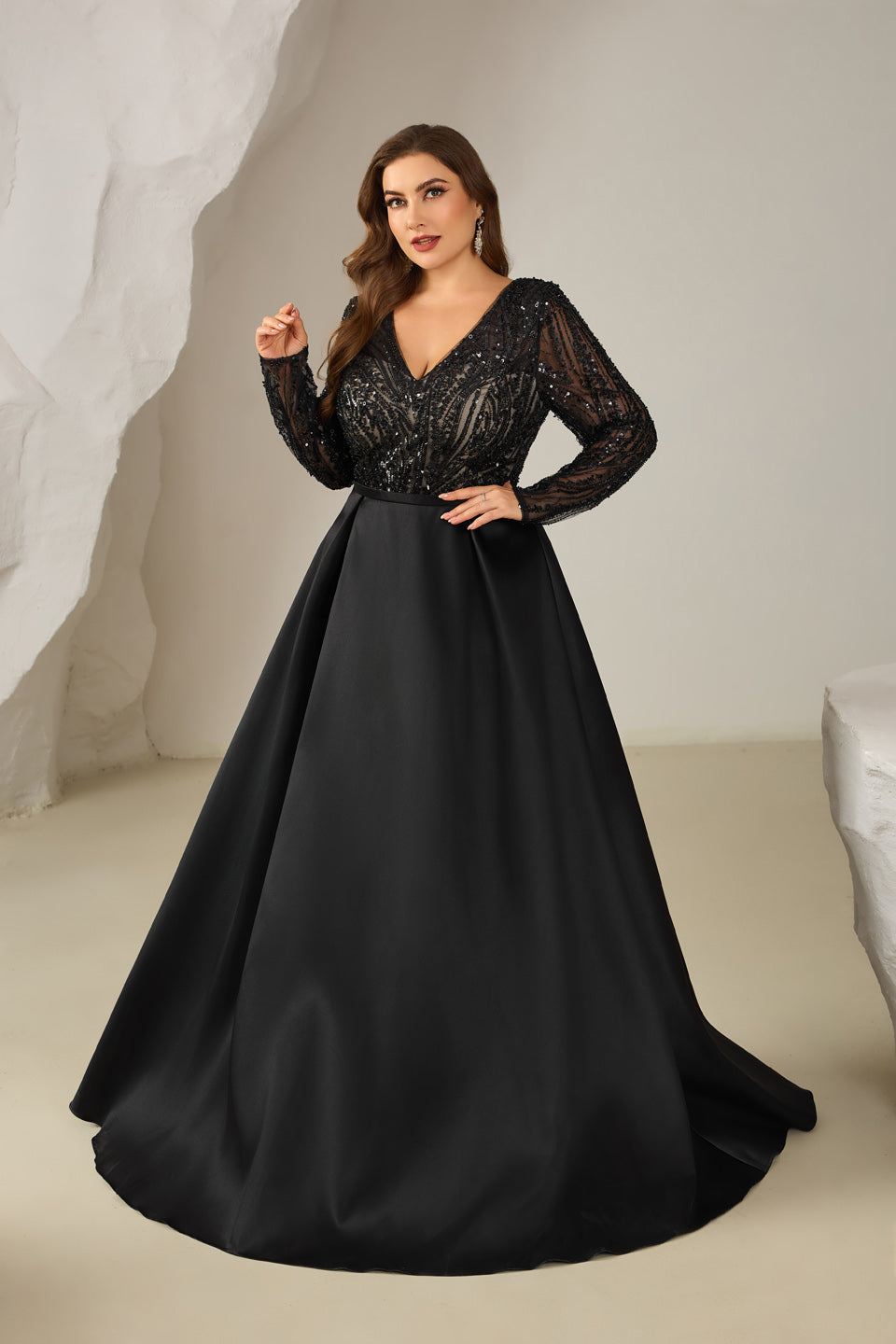 Luxury Black Sequin Long-Sleeve Ball Gown Evening Dress SF609