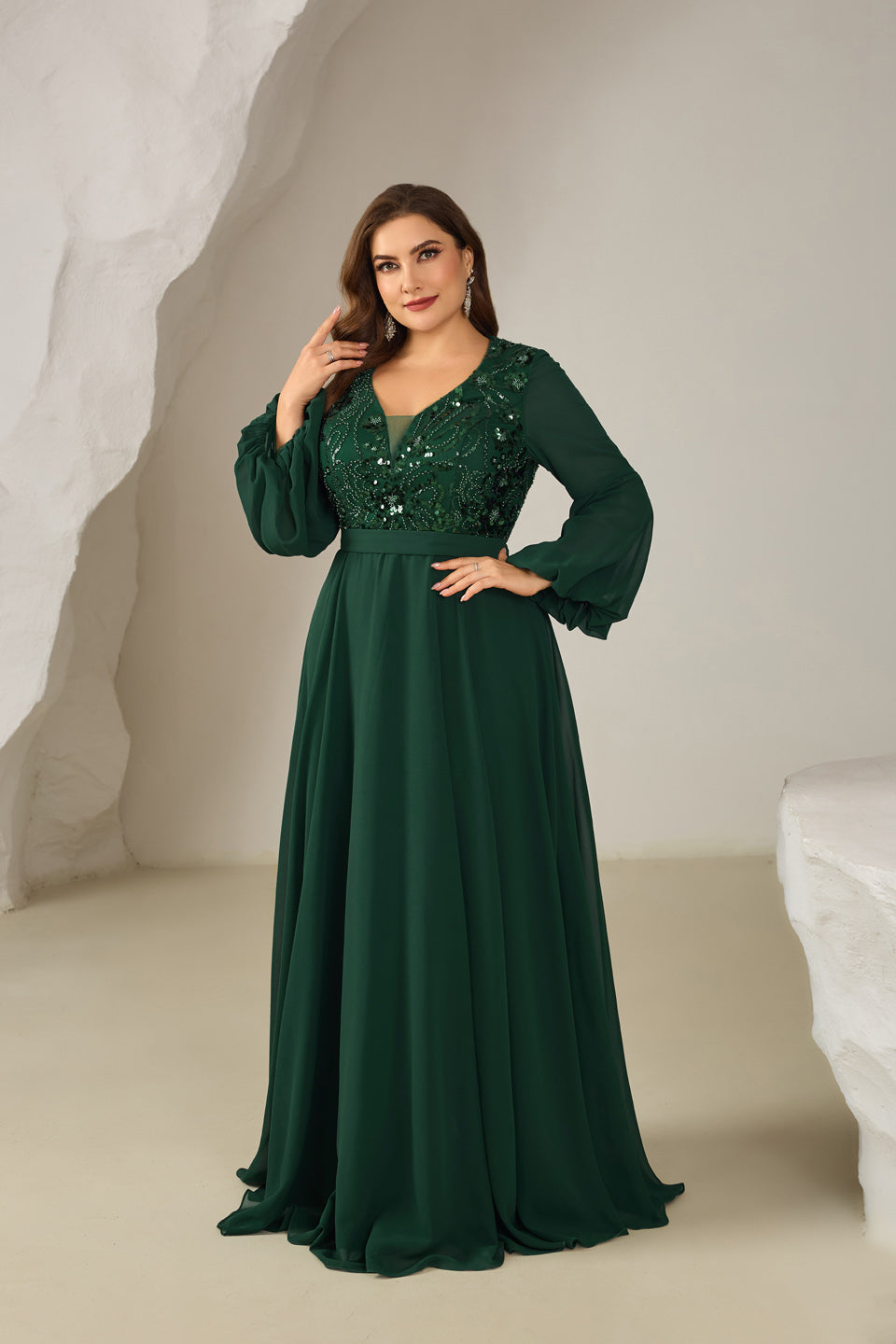 Sparkly Emerald Green Sequin Long-Sleeve Evening Dress SF610