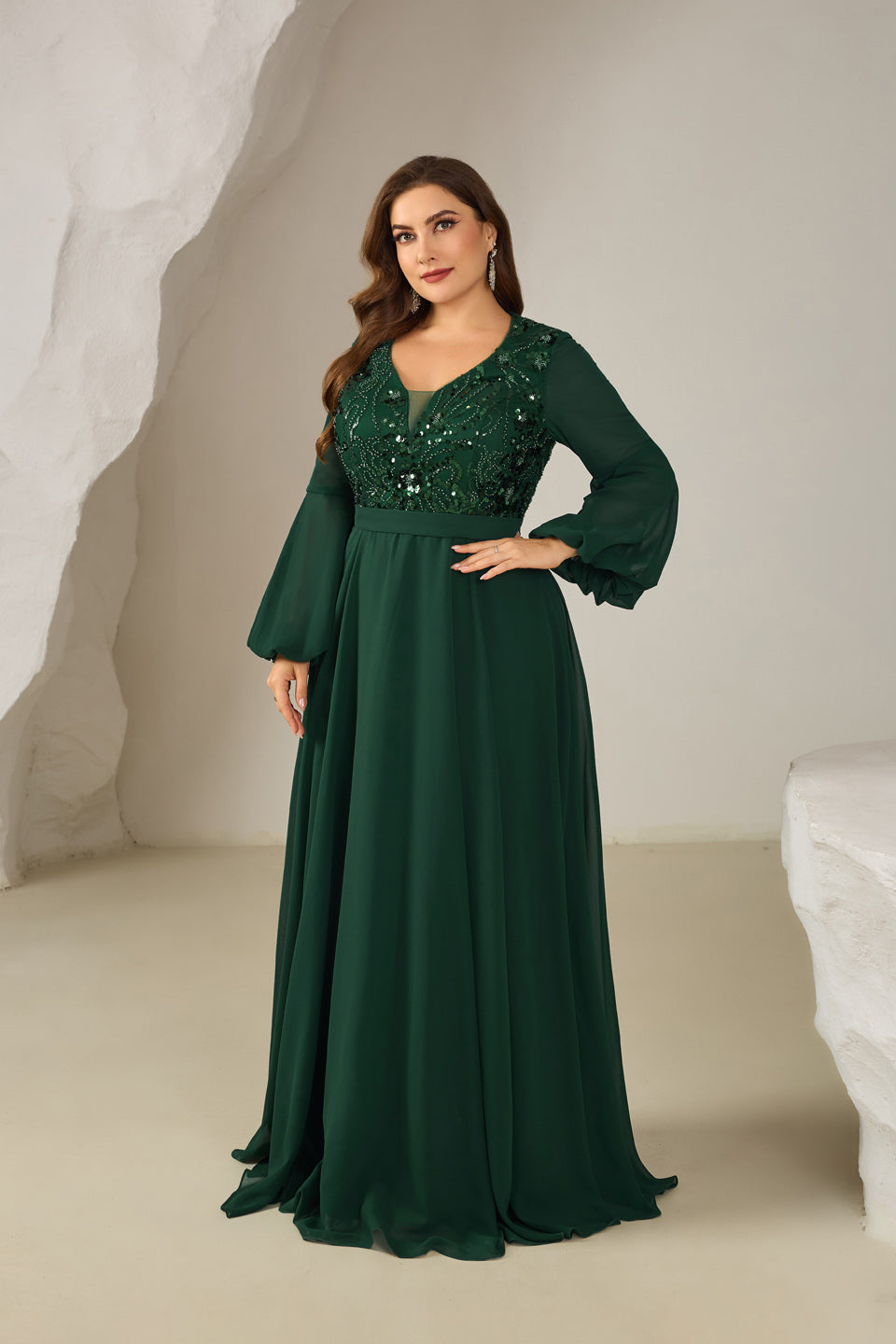 Sparkly Emerald Green Sequin Long-Sleeve Evening Dress SF610