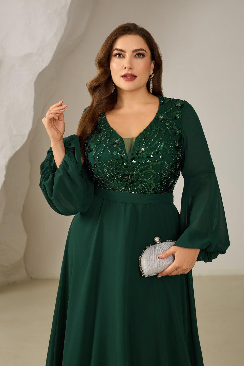 Sparkly Emerald Green Sequin Long-Sleeve Evening Dress SF610
