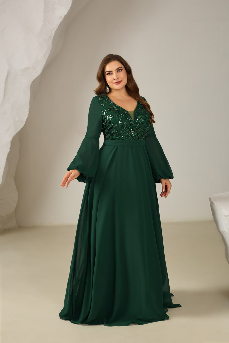 Sparkly Emerald Green Sequin Long-Sleeve Evening Dress SF610