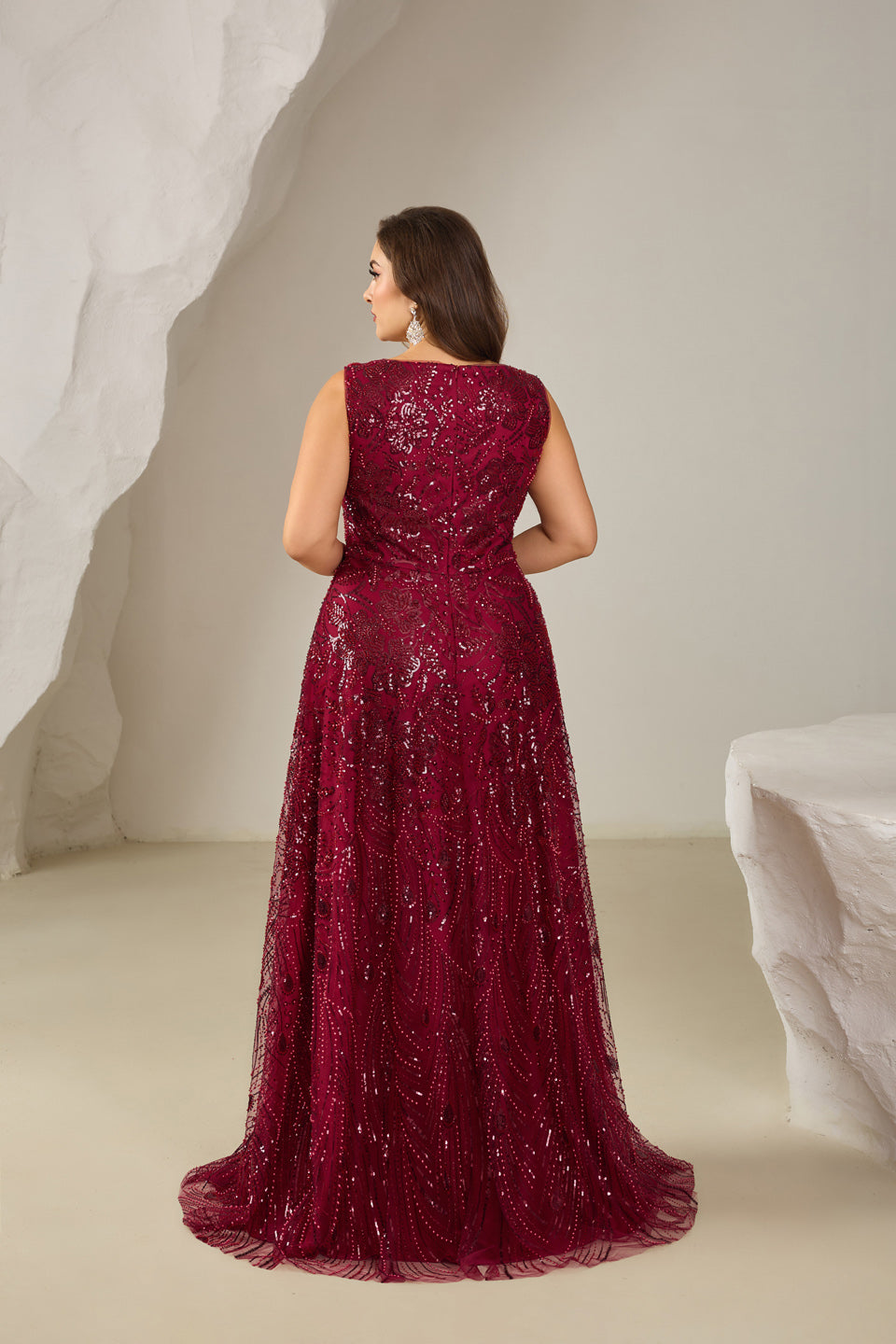 Glamorous Wine Red Sequin Beaded V-Neck Evening Dress SF615
