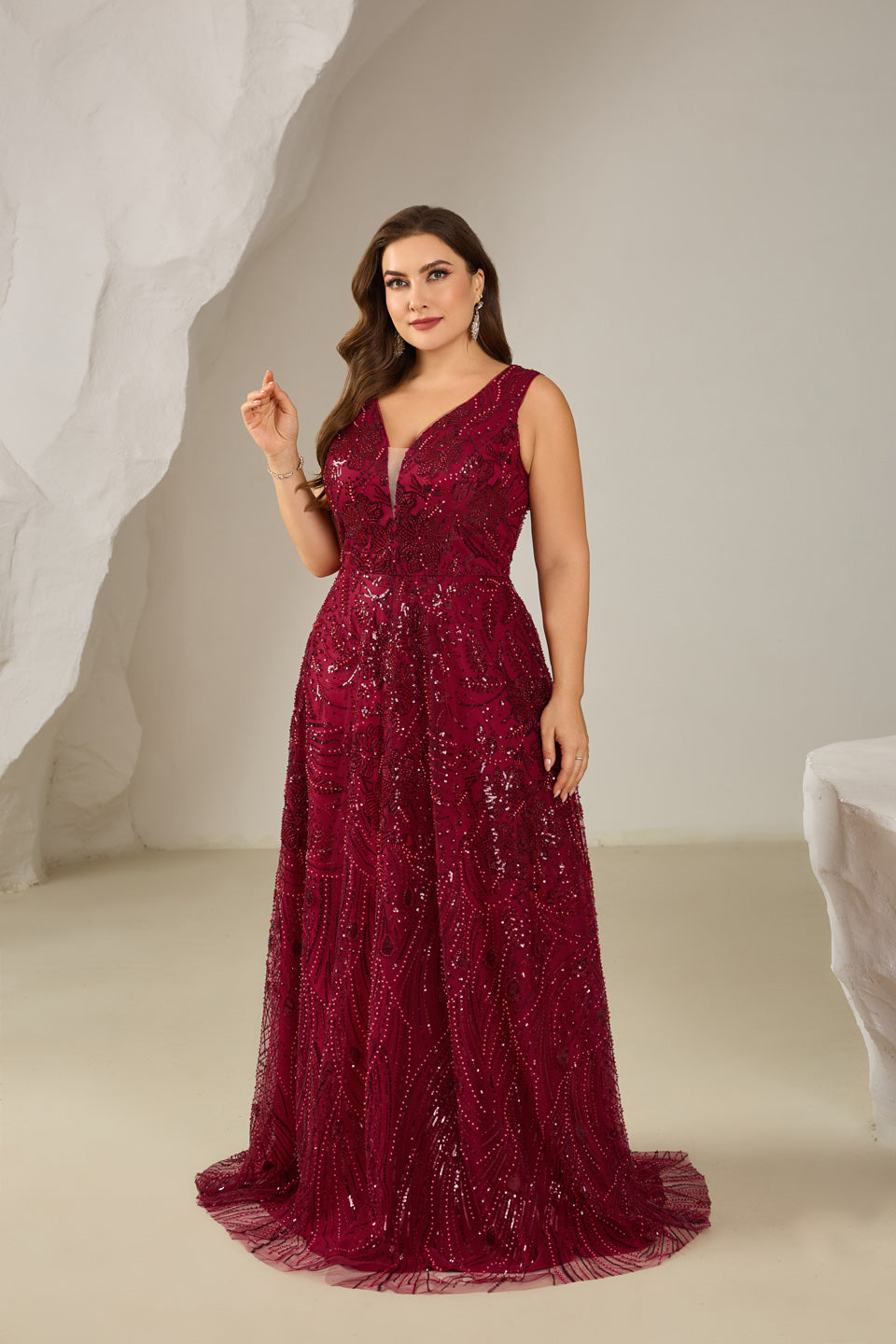 Glamorous Wine Red Sequin Beaded V-Neck Evening Dress SF615