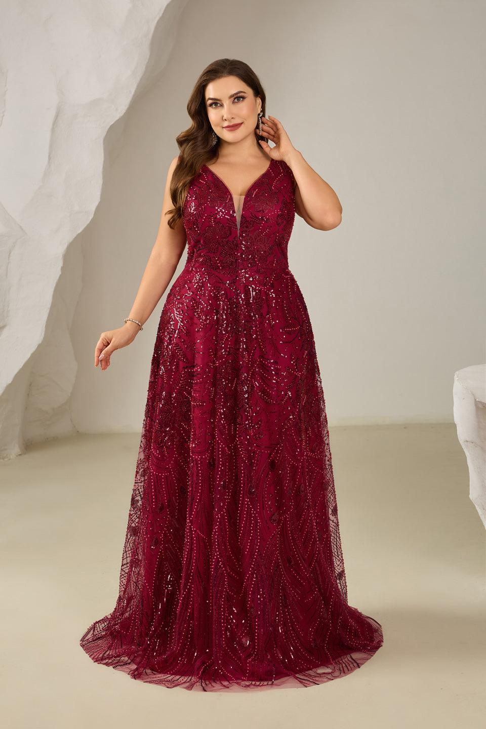 Glamorous Wine Red Sequin Beaded V-Neck Evening Dress SF615