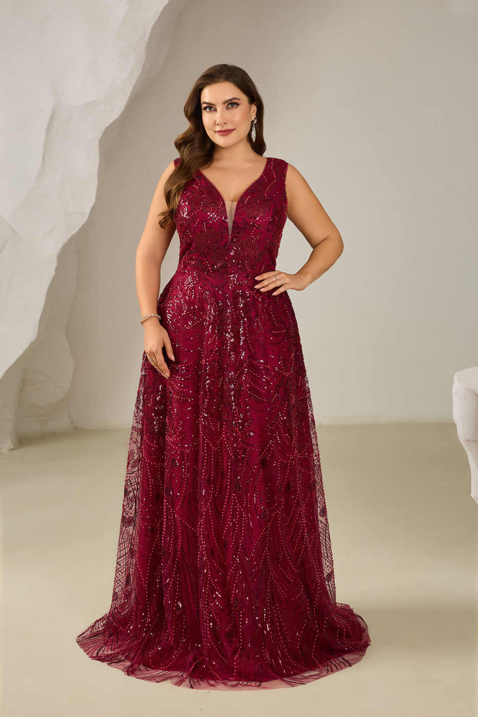 Glamorous Wine Red Sequin Beaded V-Neck Evening Dress SF615