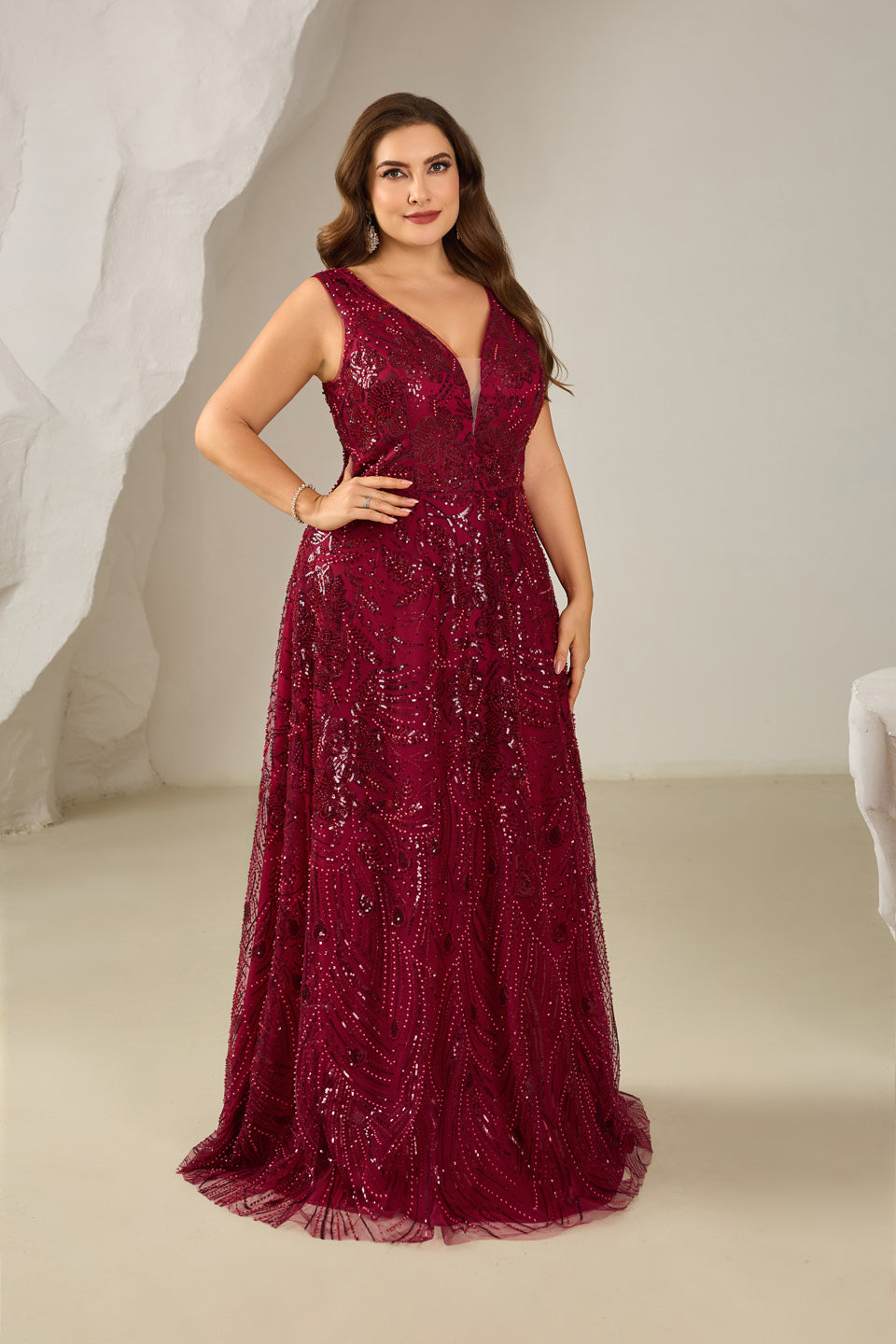 Glamorous Wine Red Sequin Beaded V-Neck Evening Dress SF615