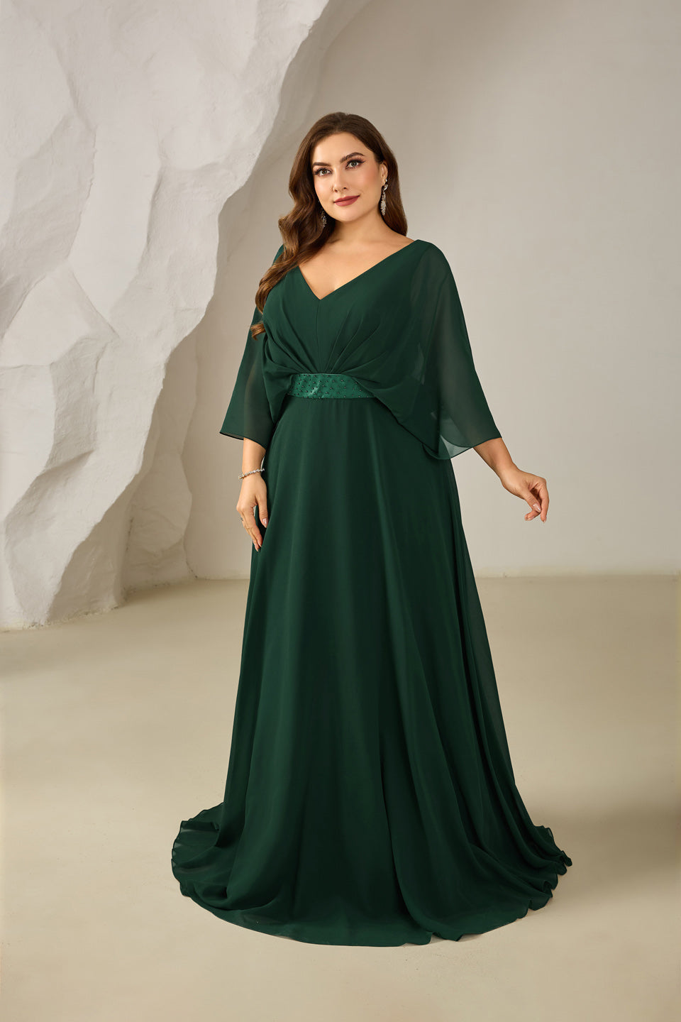 Luxury Emerald Green Pearl Evening Dress with Belt SF616