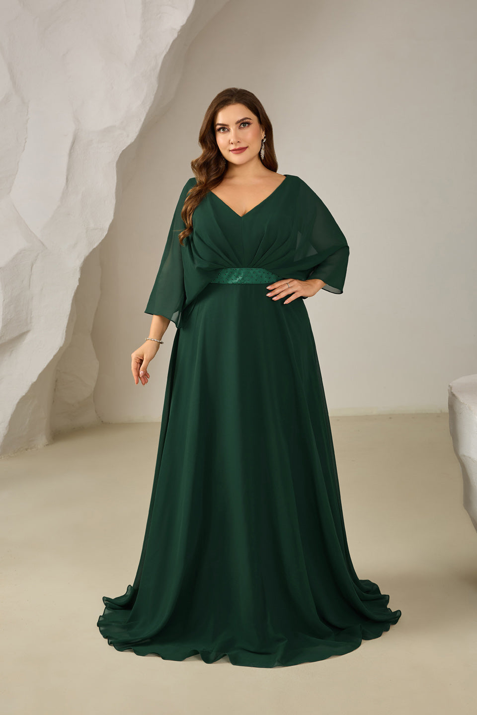 Luxury Emerald Green Pearl Evening Dress with Belt SF616