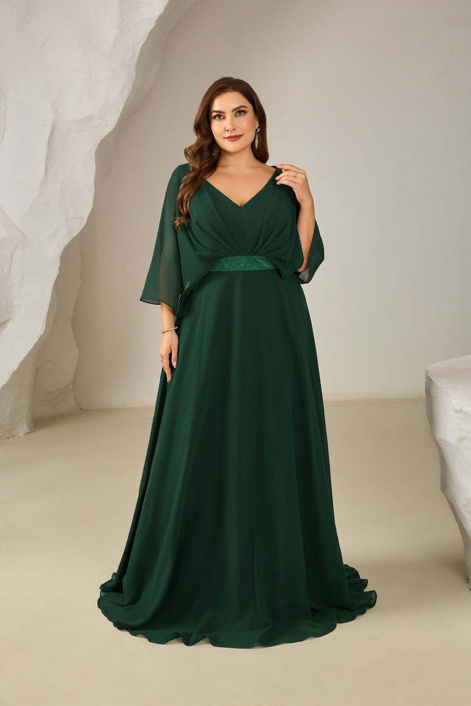 Luxury Emerald Green Pearl Evening Dress with Belt SF616