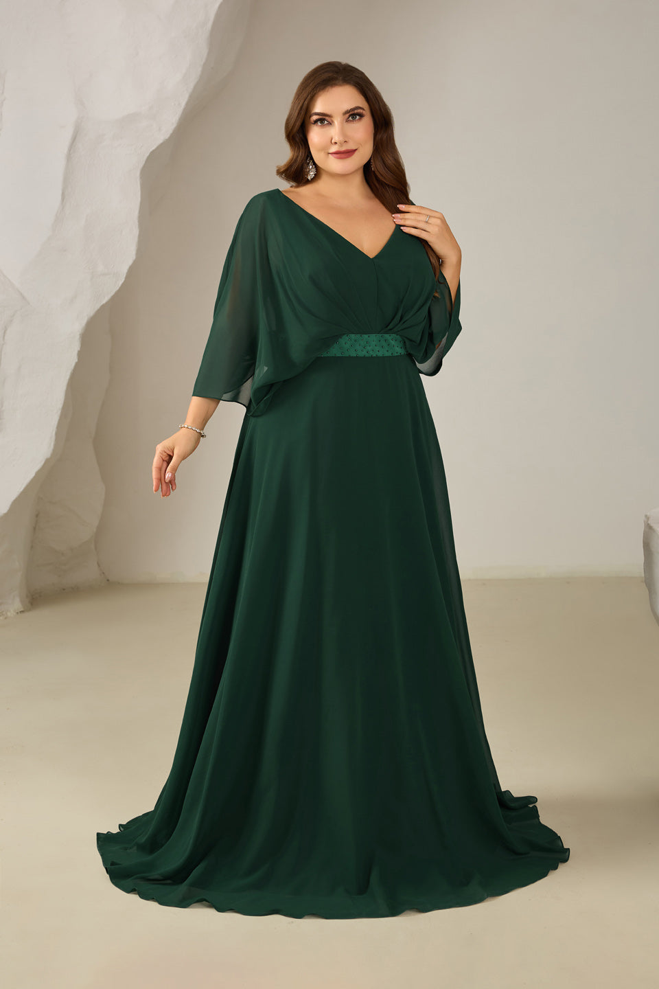 Luxury Emerald Green Pearl Evening Dress with Belt SF616