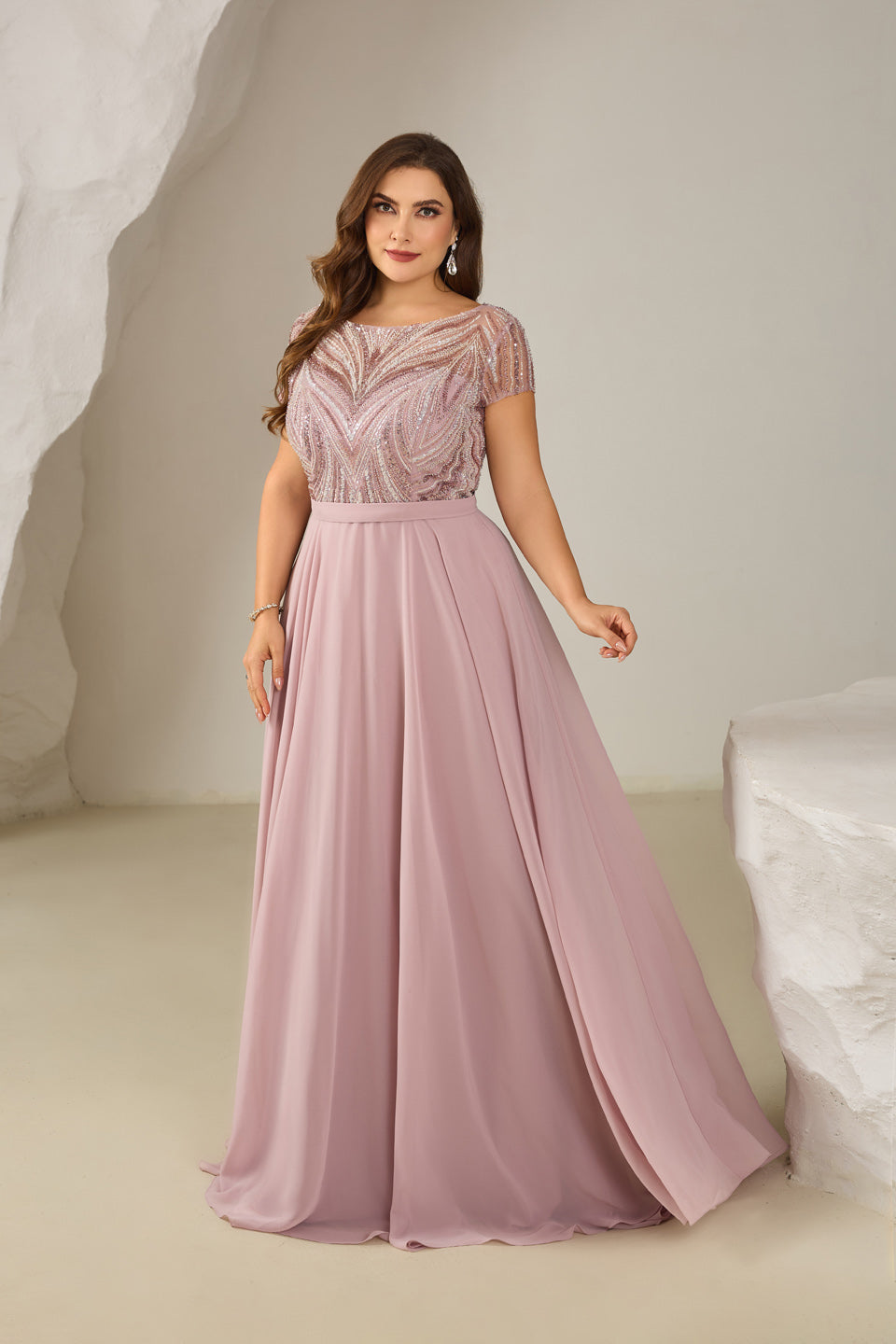 Glamorous Pink V-Neck Floor-Length Evening Dress SF601