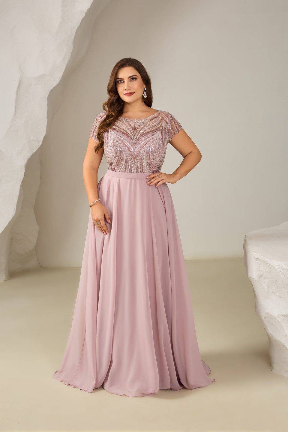 Glamorous Pink V-Neck Floor-Length Evening Dress SF601