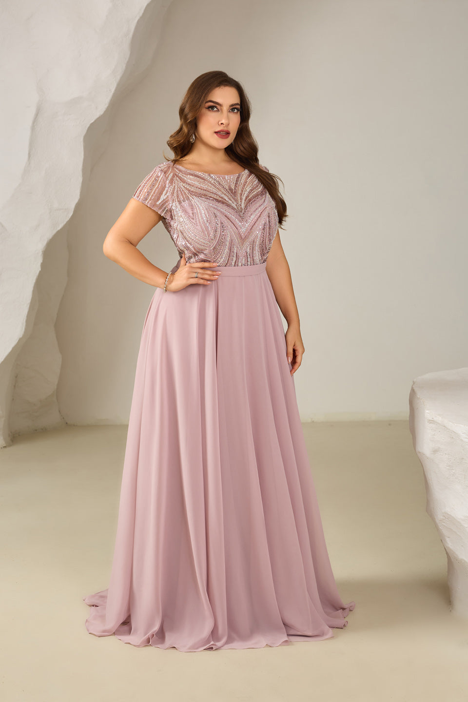 Glamorous Pink V-Neck Floor-Length Evening Dress SF601
