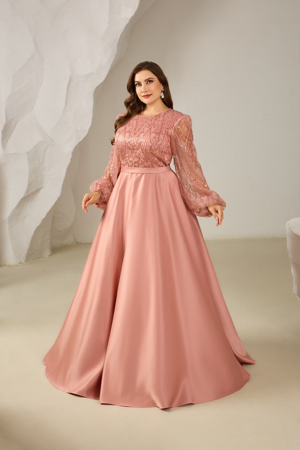 Elegant Pink Beaded Long-Sleeve A-Line Evening Dress SF620