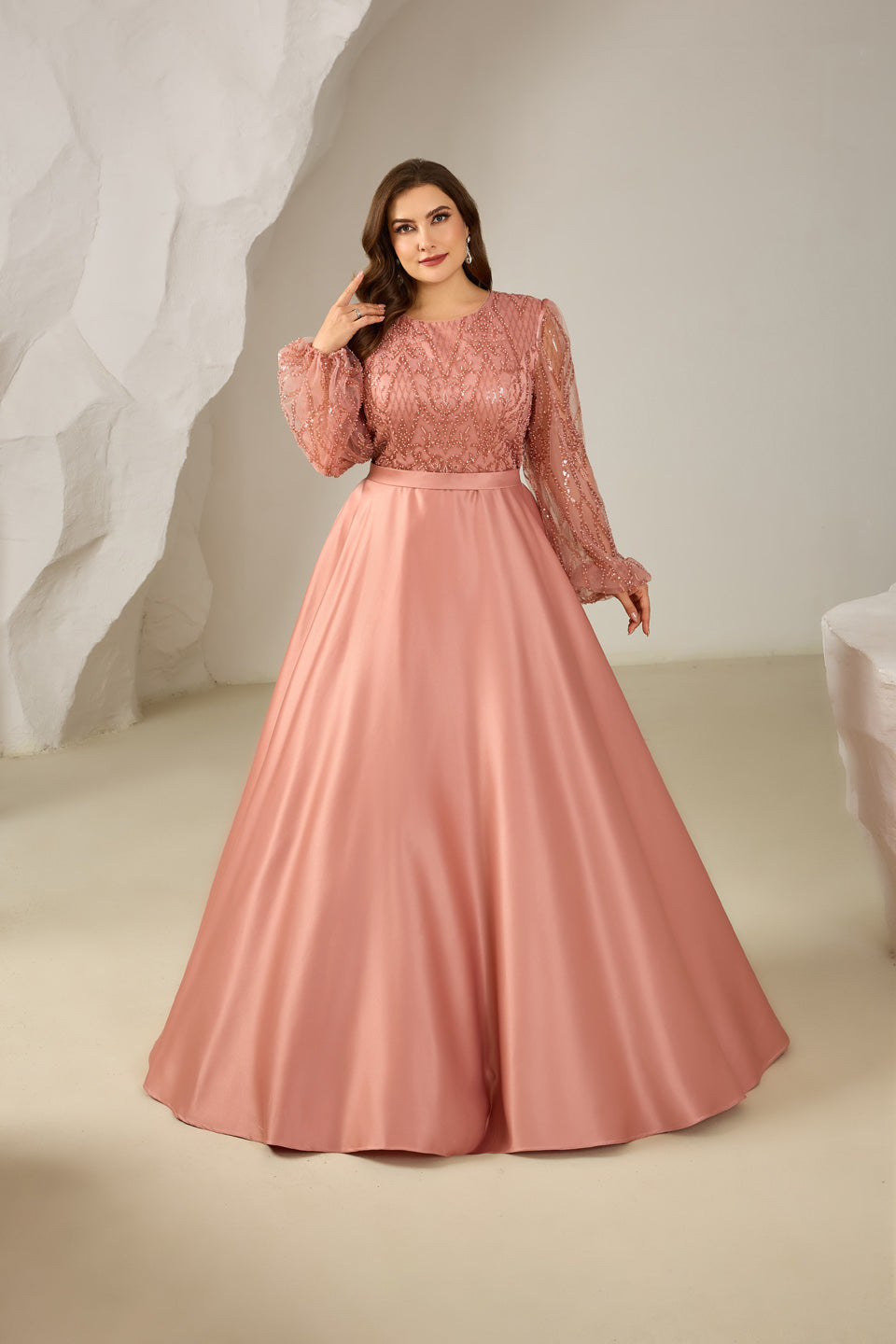Elegant Pink Beaded Long-Sleeve A-Line Evening Dress SF620