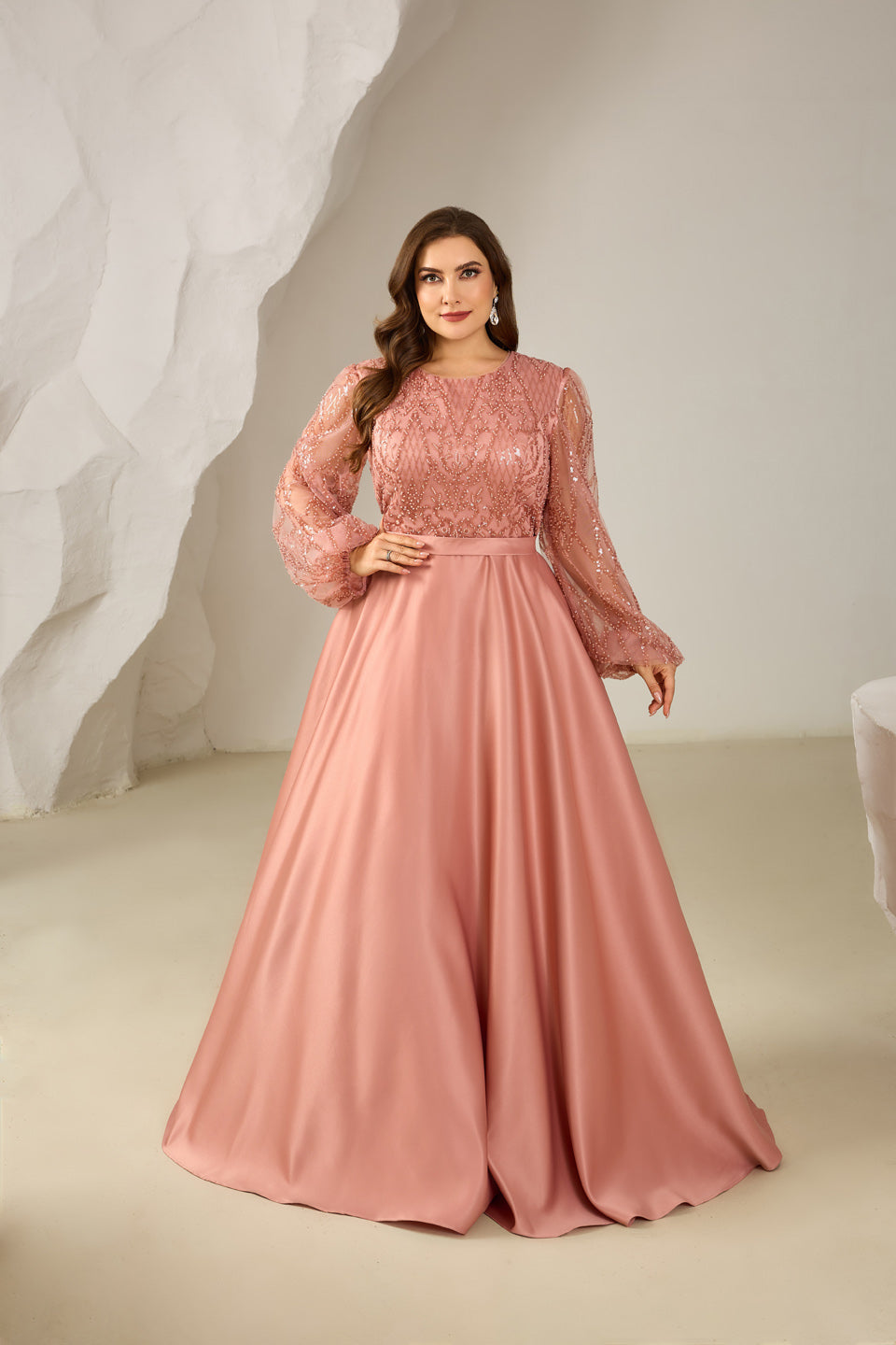 Elegant Pink Beaded Long-Sleeve A-Line Evening Dress SF620