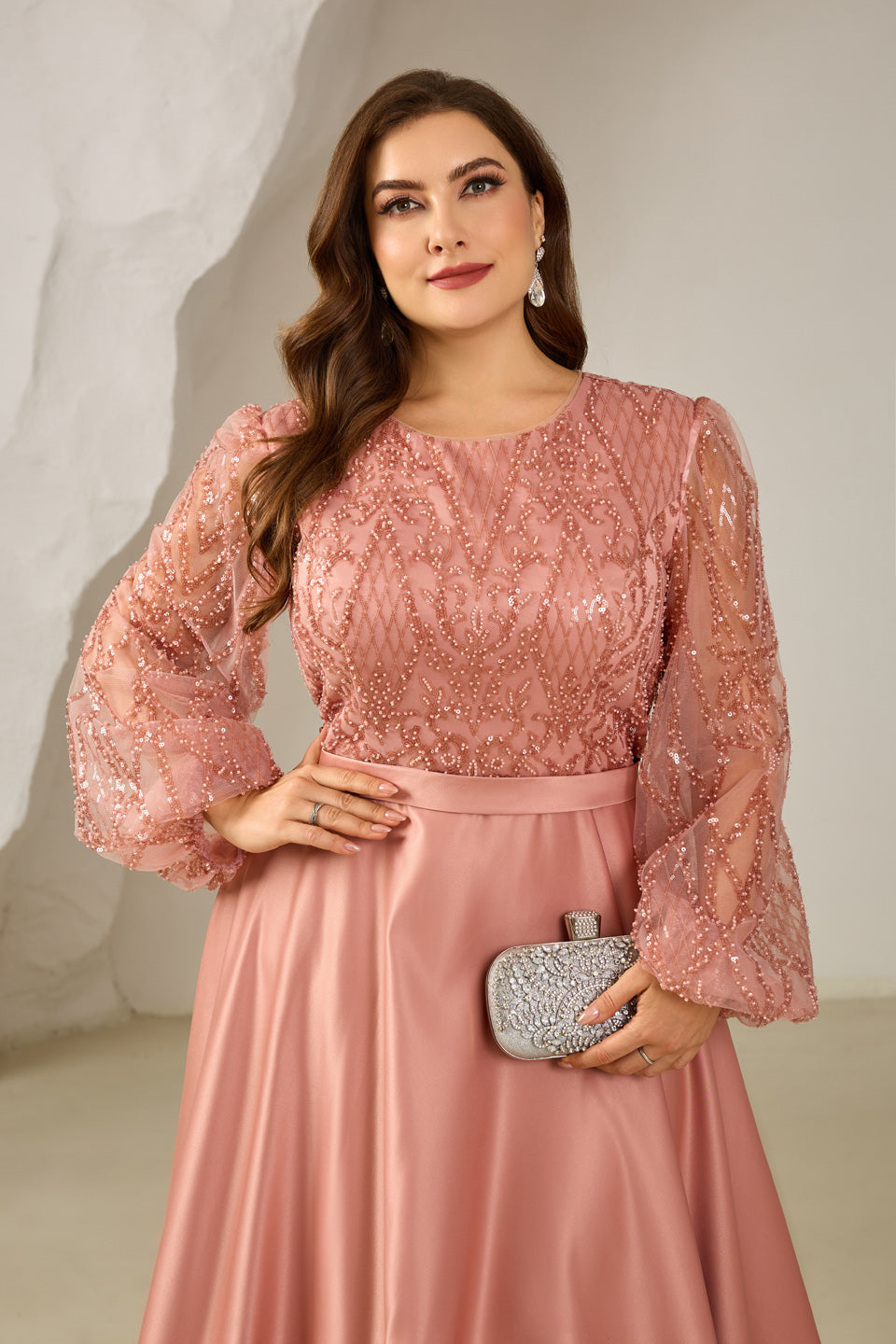 Elegant Pink Beaded Long-Sleeve A-Line Evening Dress SF620