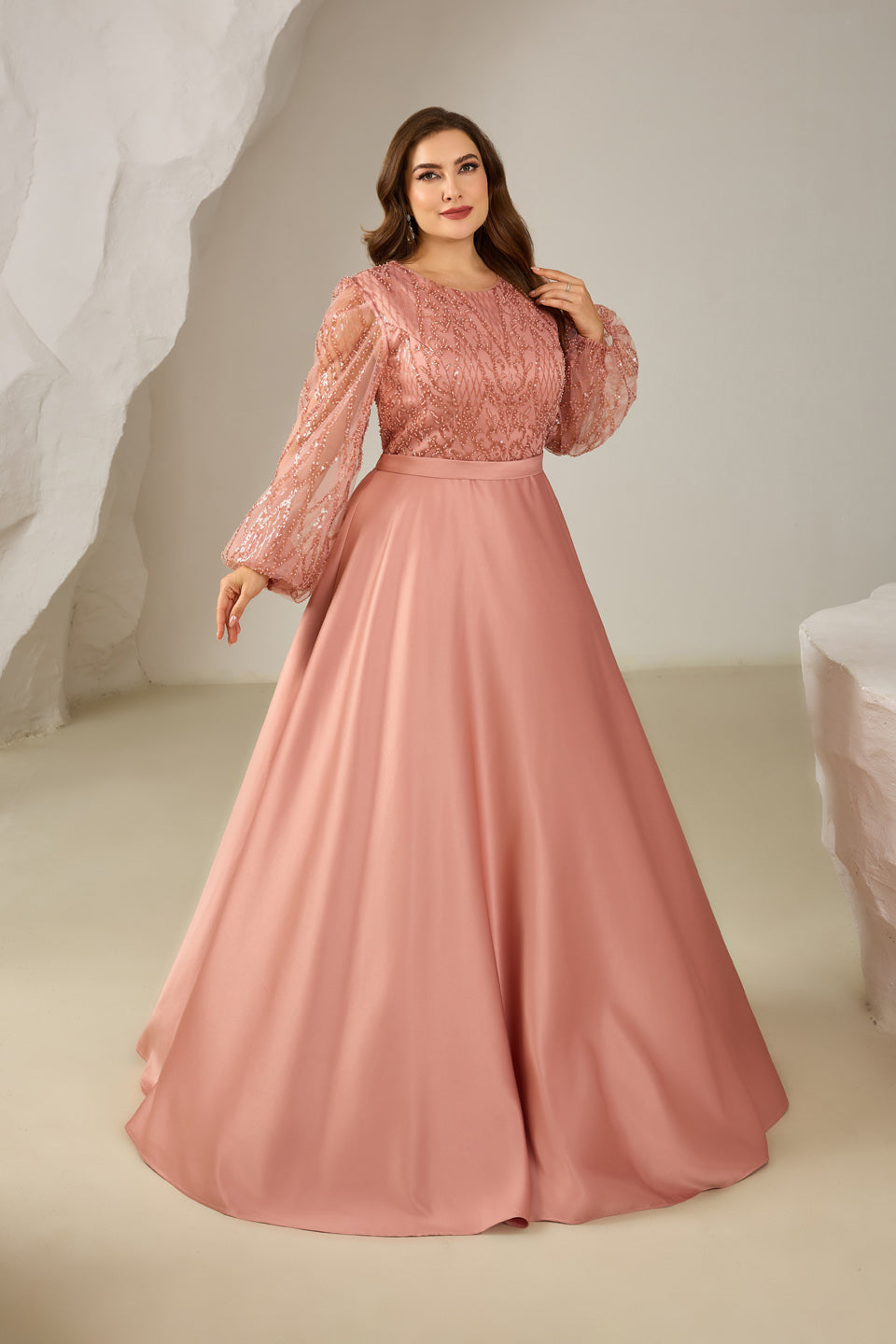Elegant Pink Beaded Long-Sleeve A-Line Evening Dress SF620