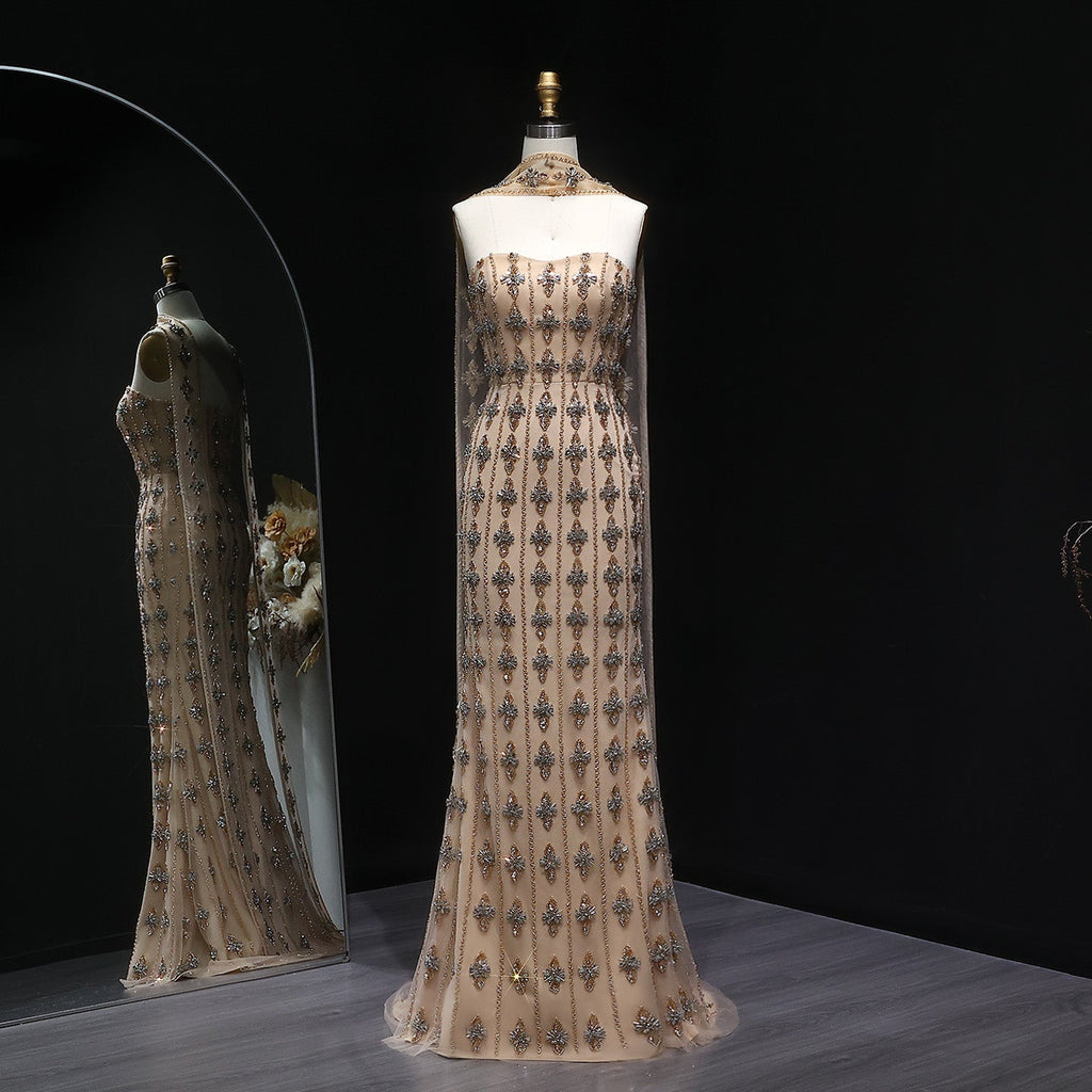 Luxury Beaded Nude Strapless Evening Dress with Scarf SS229