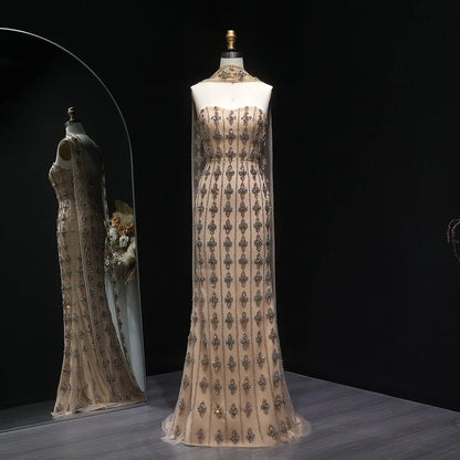 Luxury Beaded Nude Strapless Evening Dress with Scarf SS229