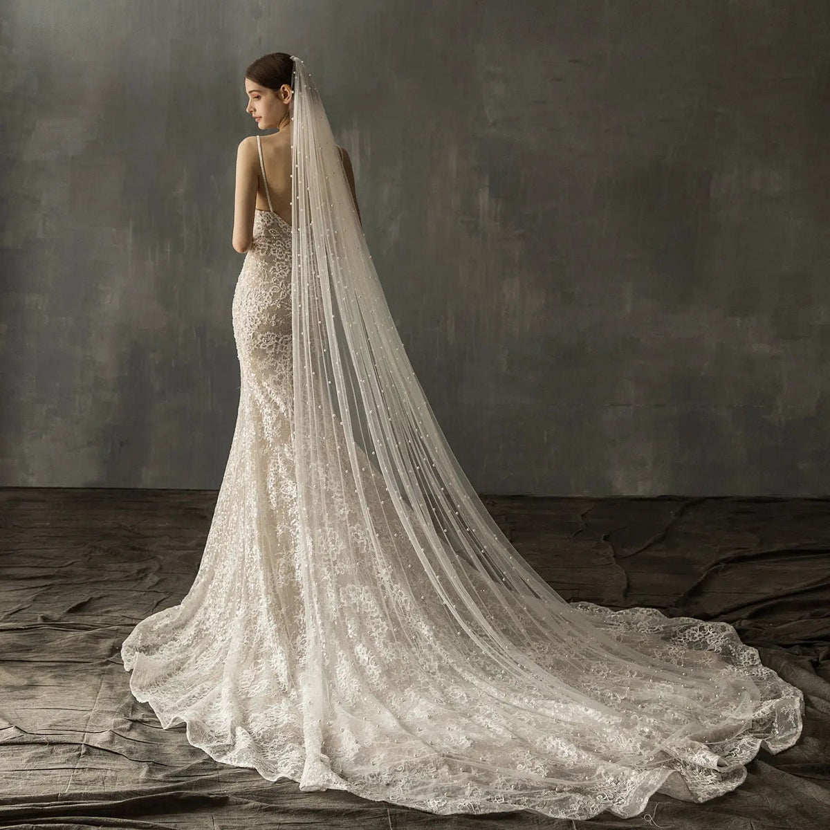Minimalist Scattered Pearl Bridal Veil Long Soft Tulle 90.55inch Cathedral Wedding Veil Cut Edge BV002