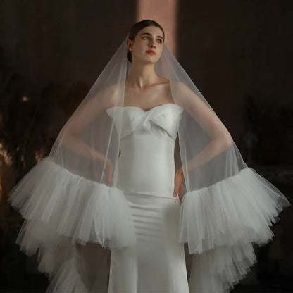 Dramatic Tiered Ruffle Bridal Veil 86.61inch Cathedral Length Layered Tulle Flounce Wedding Veil for Bride BV005