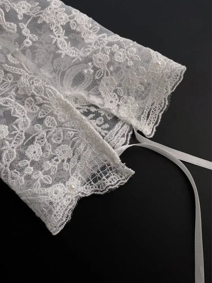 Elegant Ivory Lace Beaded Pearl Fingerless Long Bridal Gloves for Wedding Party GL005
