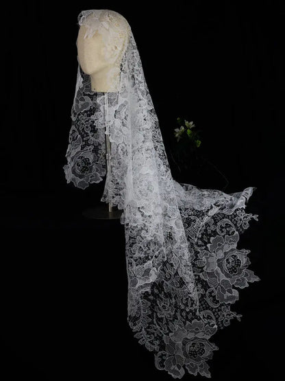 Vintage Floral Lace Mantilla Bridal Veil Long 70.86inch Cathedral Length Scalloped Edge Wedding Veil for Bride BV004