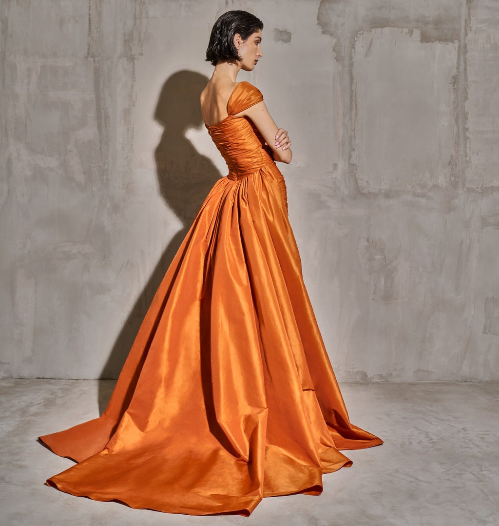Luxury Orange Off Shoulder Evening Dress with Overskirt SF491