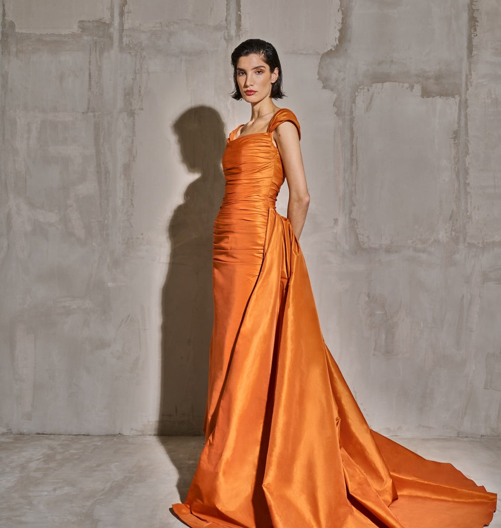 Luxury Orange Off Shoulder Evening Dress with Overskirt SF491