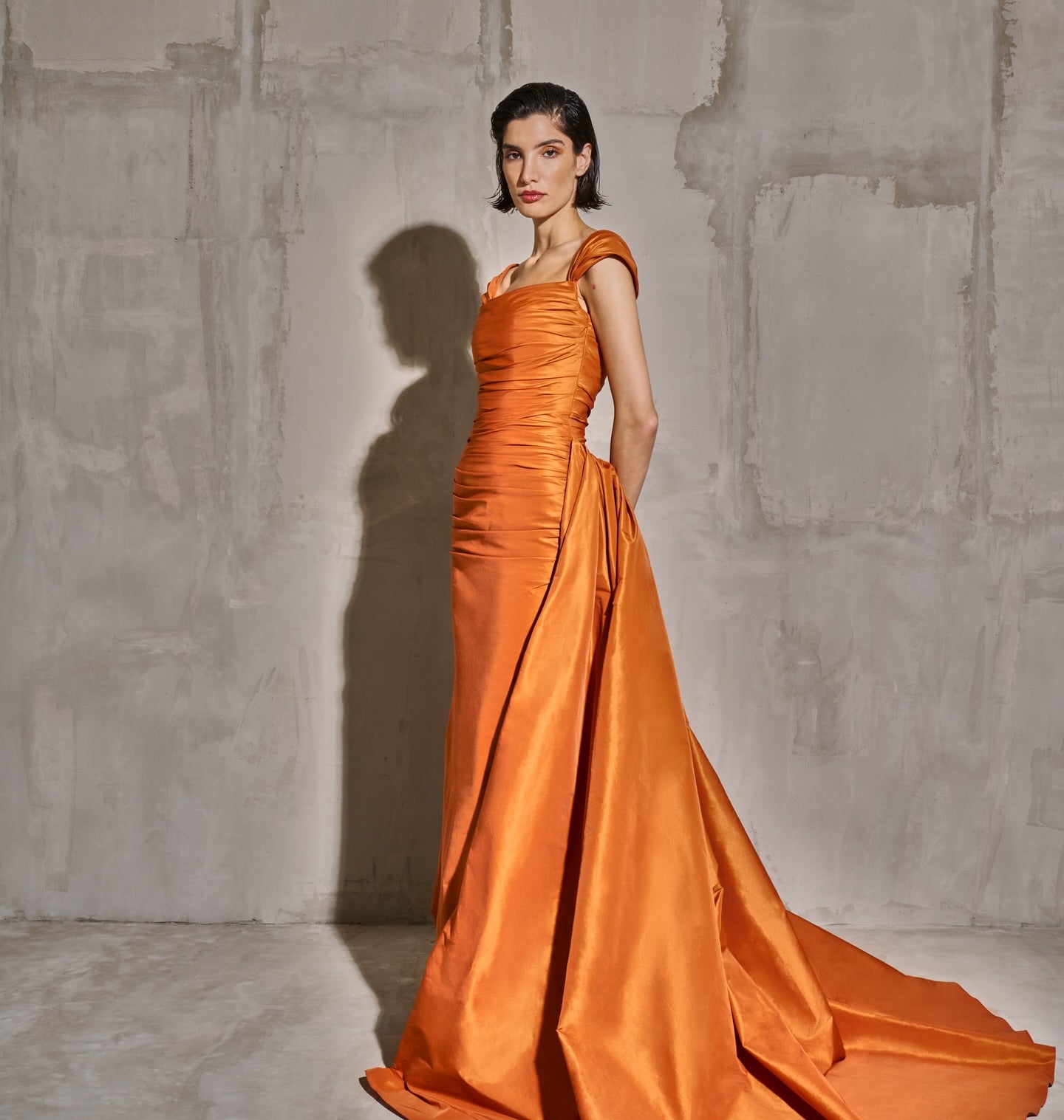 Luxury Orange Off Shoulder Evening Dress with Overskirt SF491