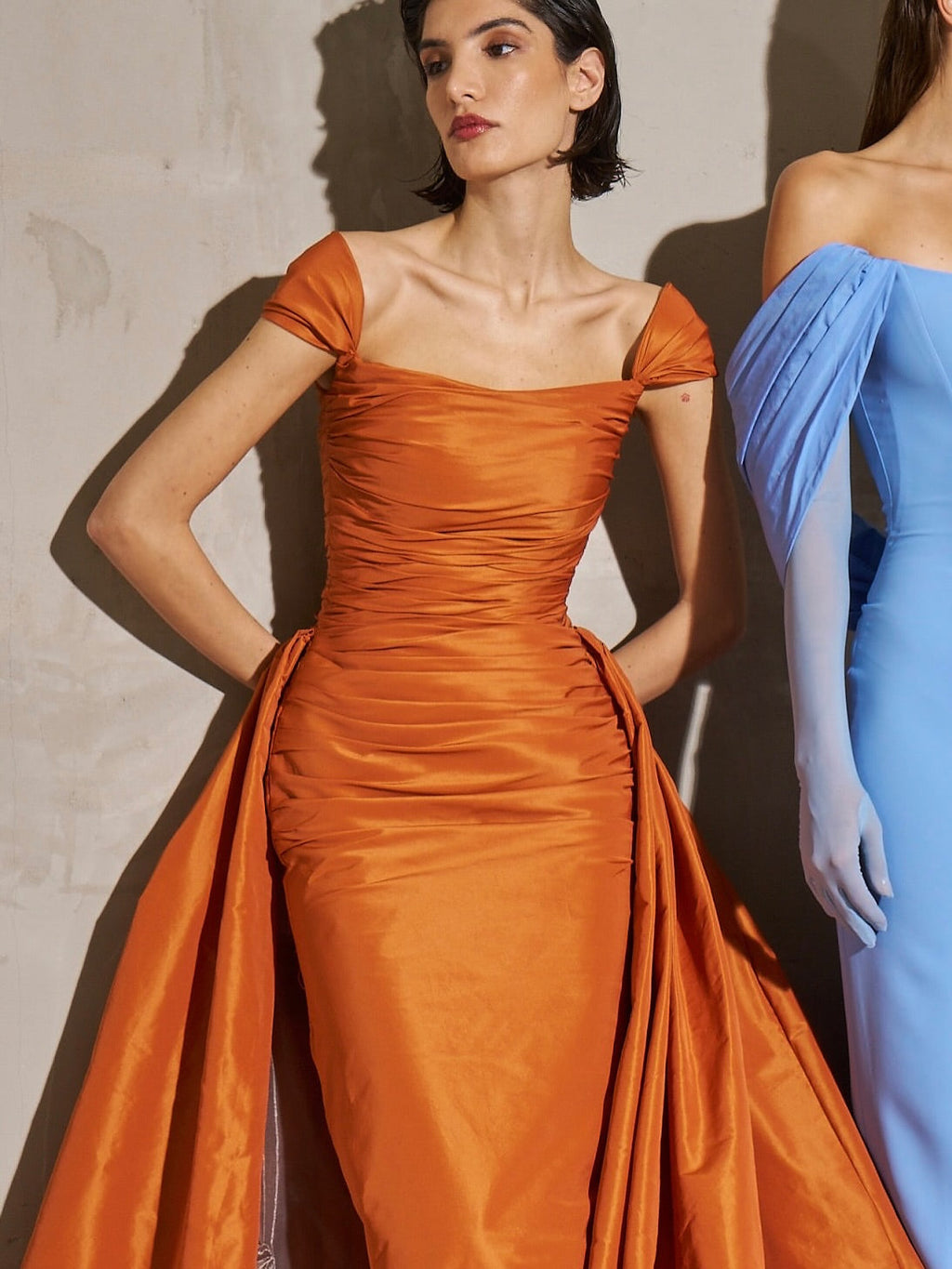 Luxury Orange Off Shoulder Evening Dress with Overskirt SF491