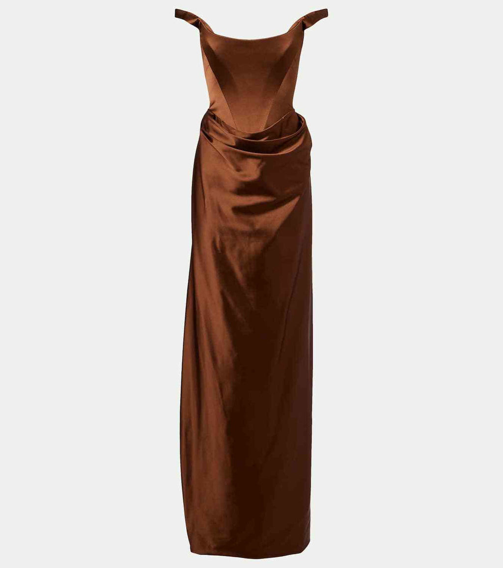 Elegant Brown Minimalist Floor-Length Evening Dress with Overskirt SF113