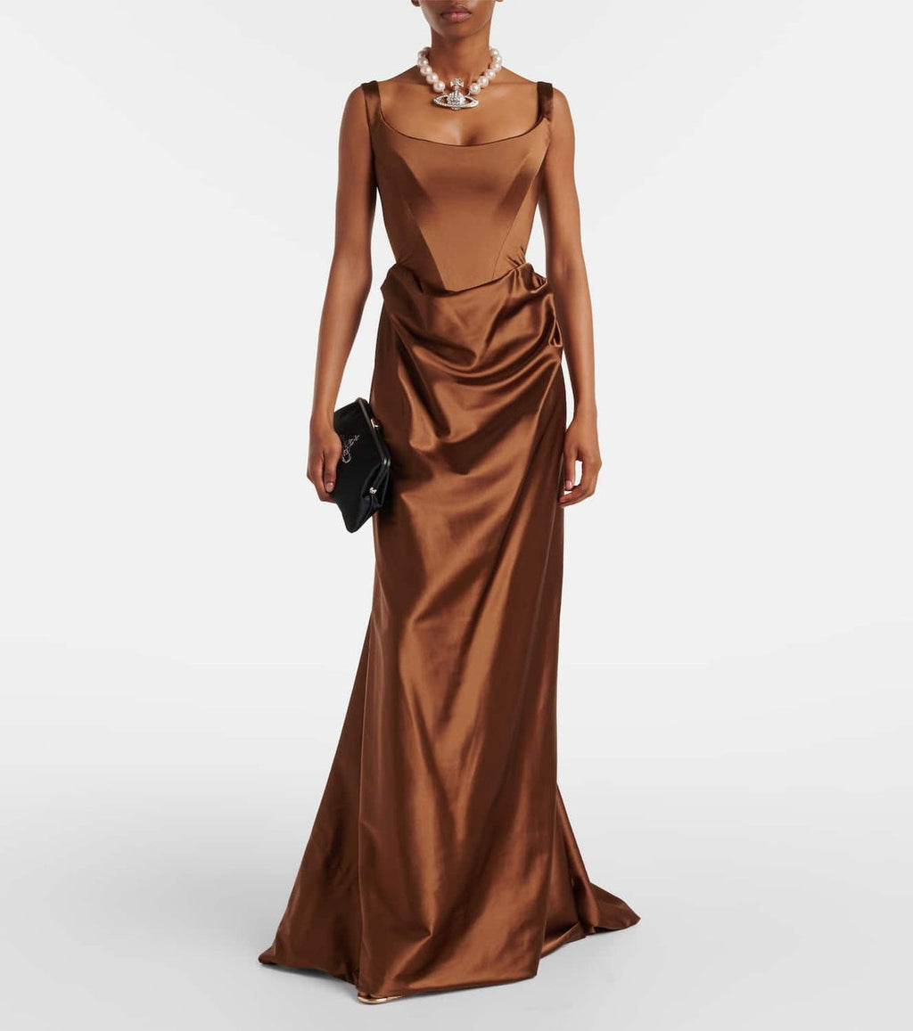 Elegant Brown Minimalist Floor-Length Evening Dress with Overskirt SF113