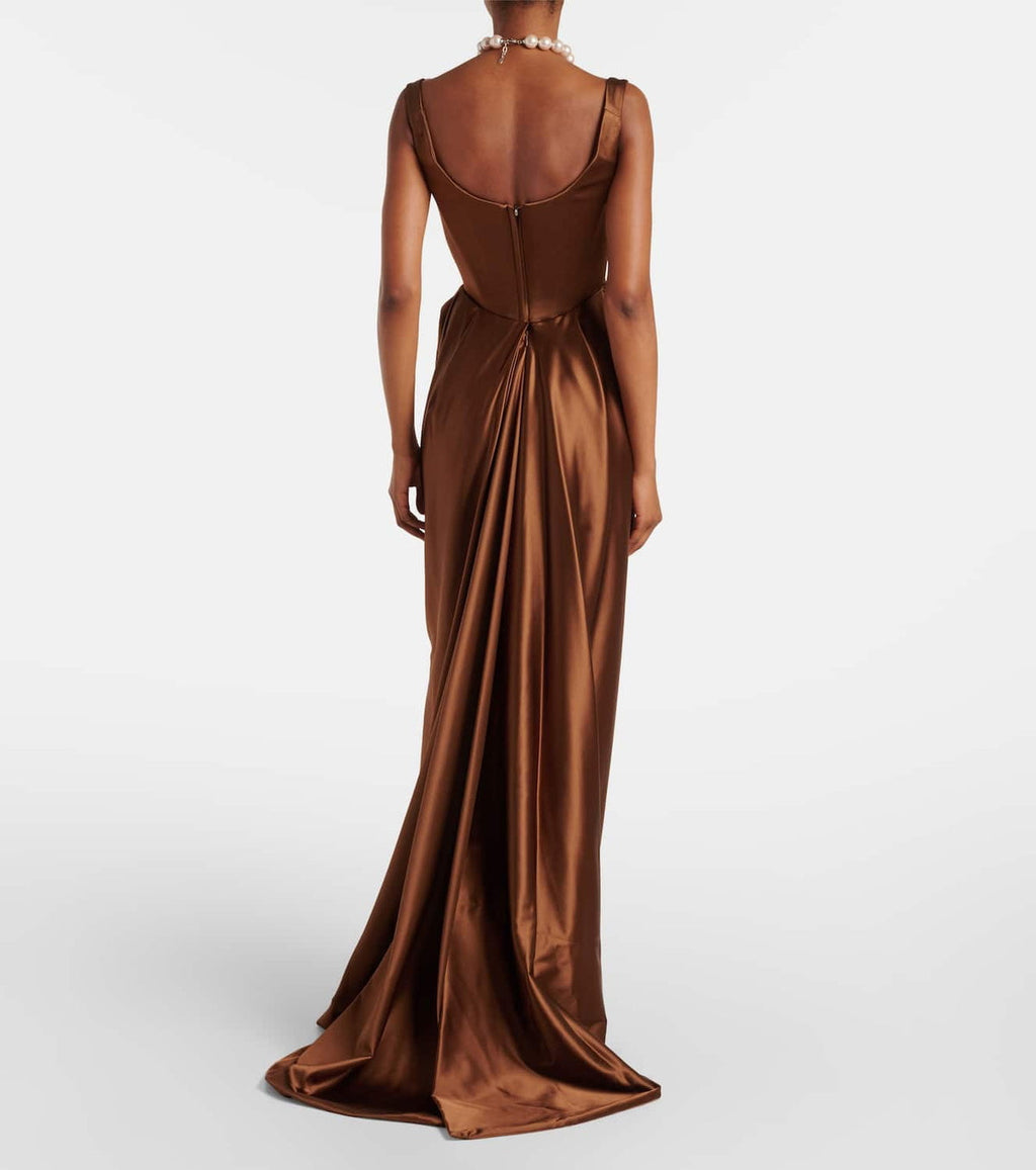 Elegant Brown Minimalist Floor-Length Evening Dress with Overskirt SF113