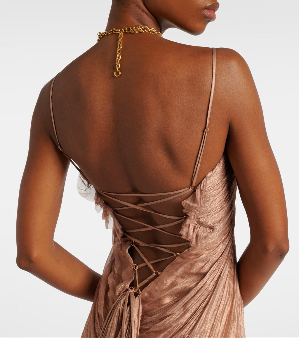 Glamorous Brown Spaghetti Strap Pleated Evening Dress SF194