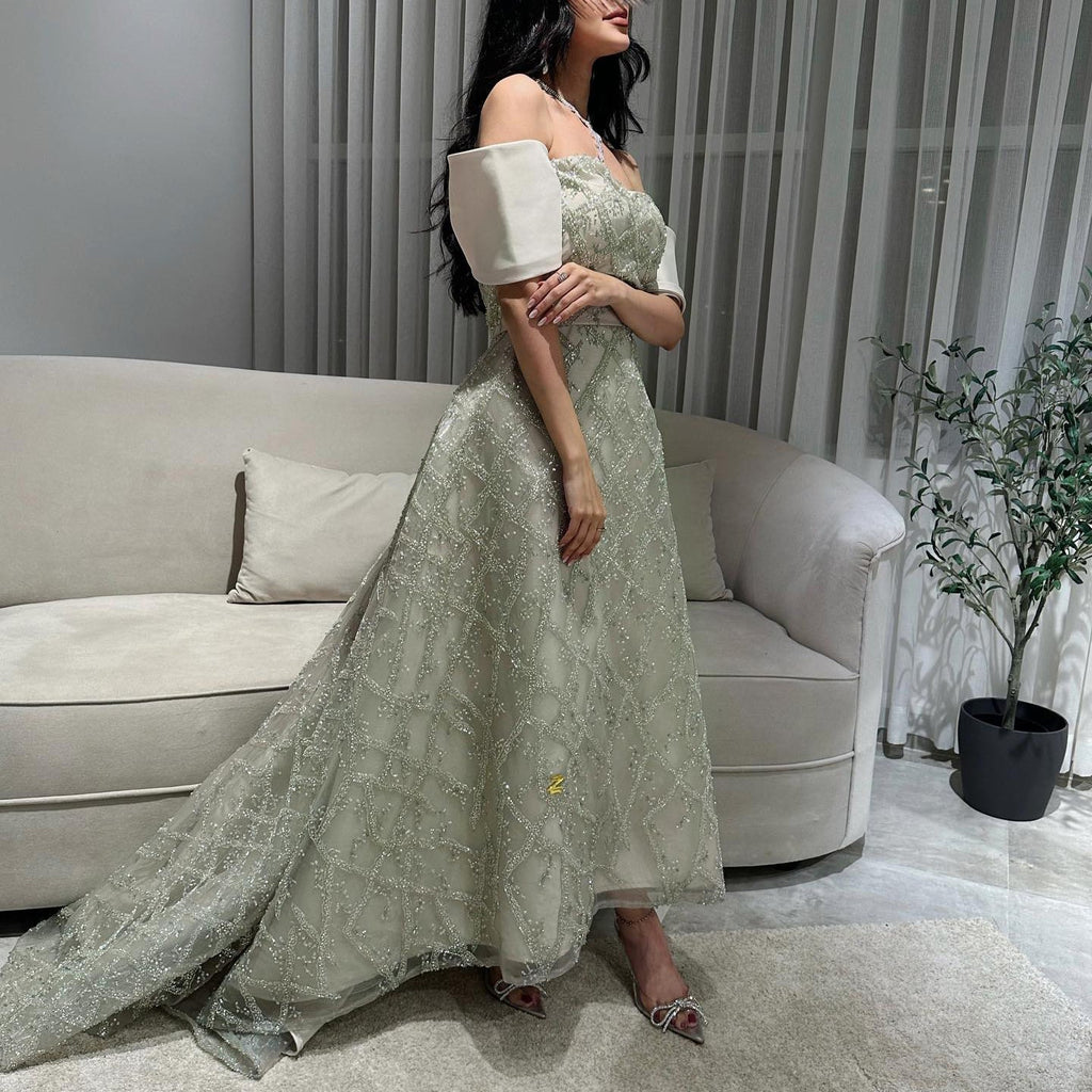 Elegant Sequin Sage Green A-line Strapless Evening Dresses SS427