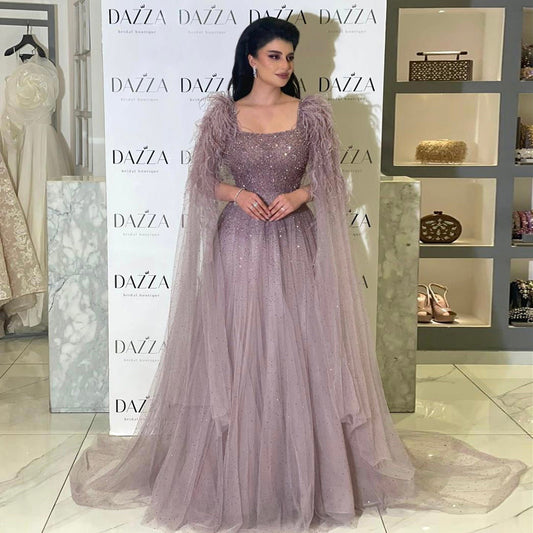 Elegant Dusty Pink Feathers Evening Dresses with Cape SS406