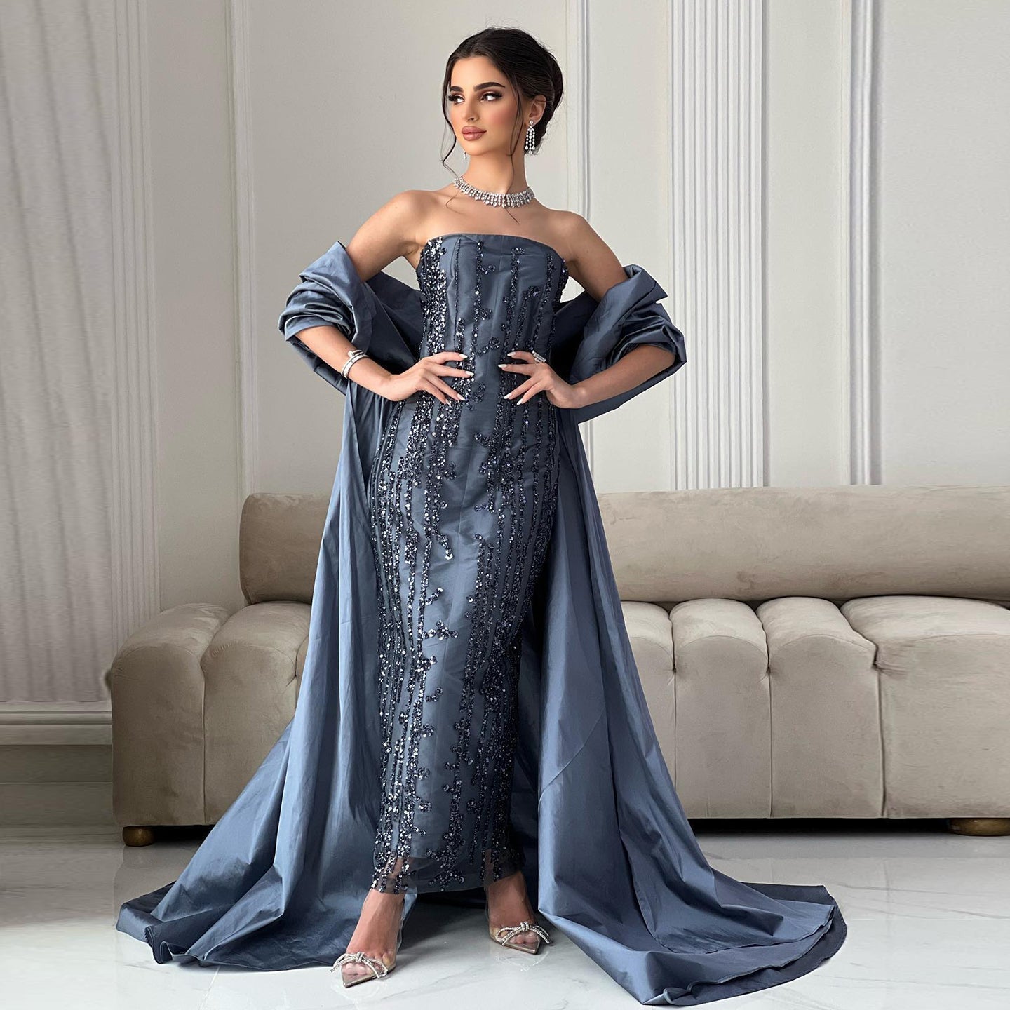 Luxury Beaded Blue Strapless Sheath Evening Dress with Cape SS454