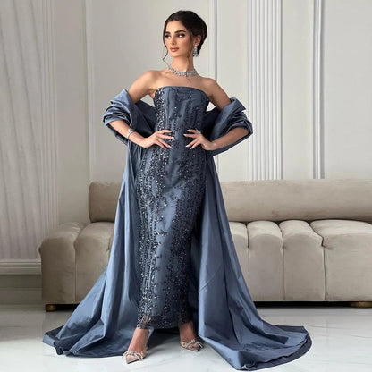 Luxury Blue Strapless Evening Dress with Cape SS454