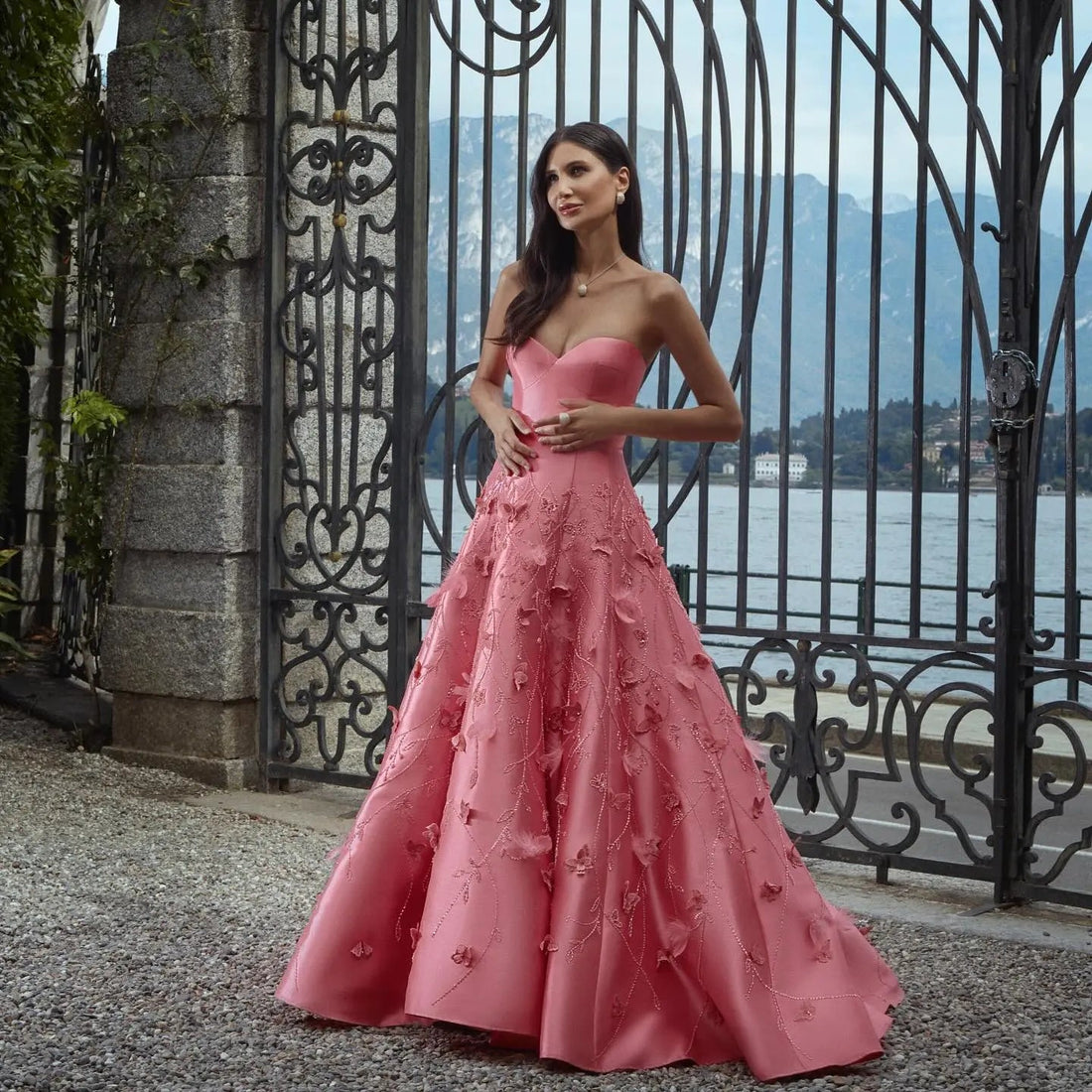Luxury 3D Flowers Feathers Coral Pink Evening Dress SS470
